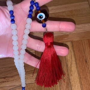 23” Moon Stone Necklace w/ Silk Tassel - Unworn - Glass Beads - Handcrafed